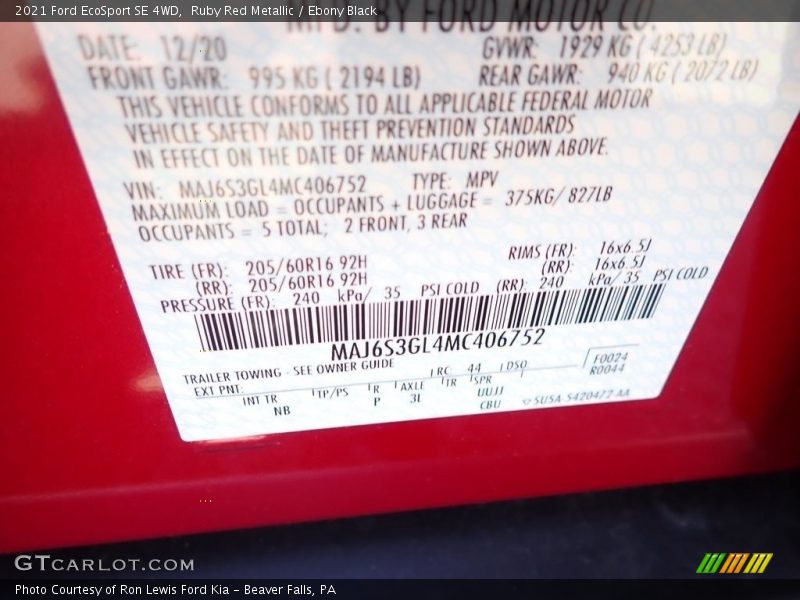 Ruby Red Metallic / Ebony Black 2021 Ford EcoSport SE 4WD