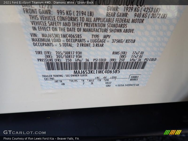 Diamond White / Ebony Black 2021 Ford EcoSport Titanium 4WD