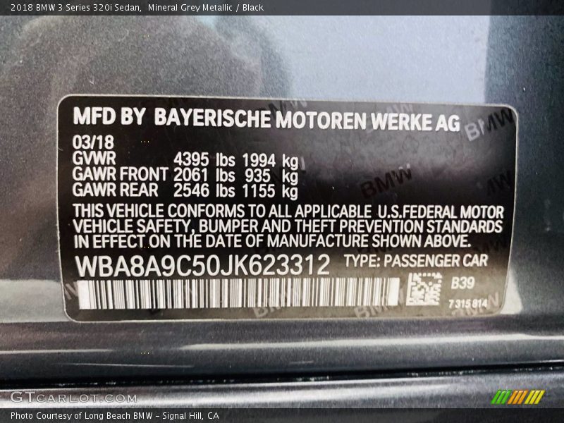 Mineral Grey Metallic / Black 2018 BMW 3 Series 320i Sedan