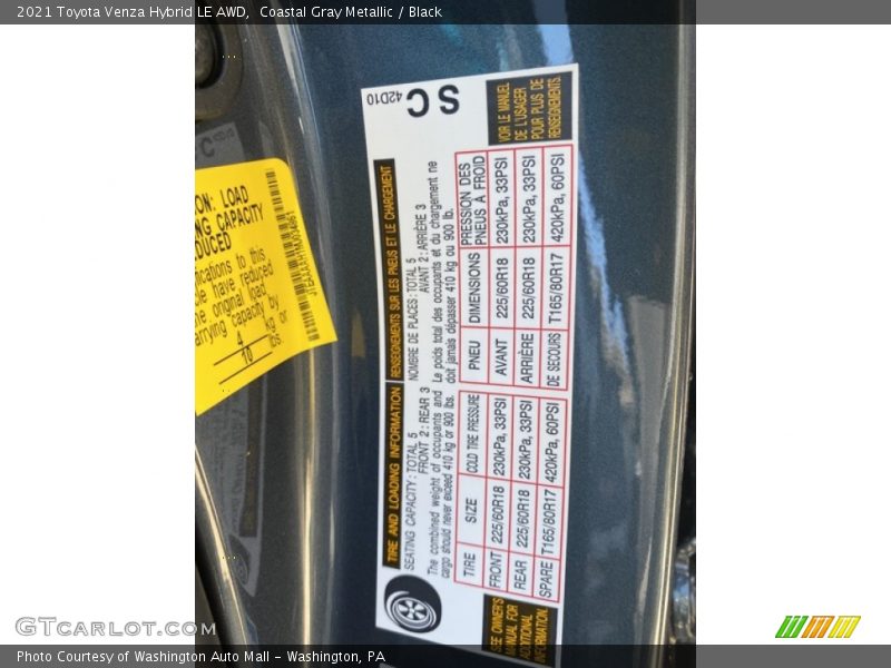 Coastal Gray Metallic / Black 2021 Toyota Venza Hybrid LE AWD