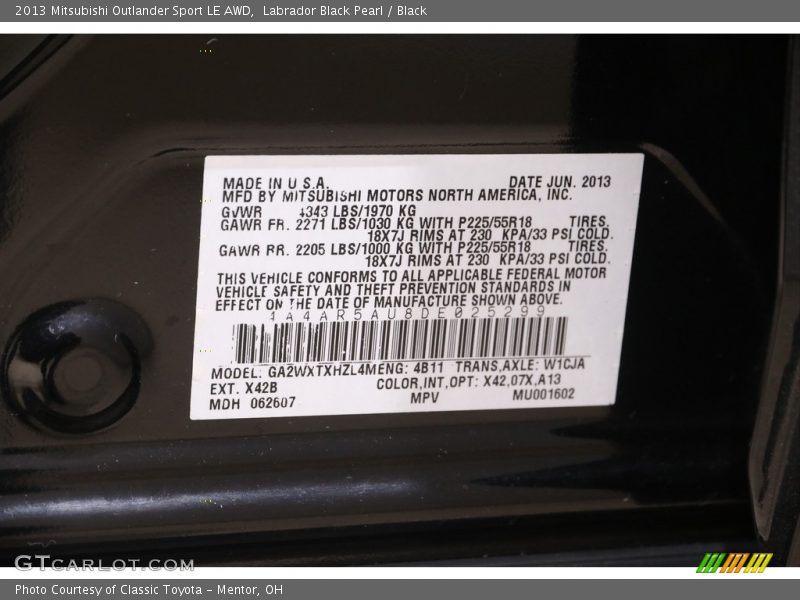 2013 Outlander Sport LE AWD Labrador Black Pearl Color Code X42