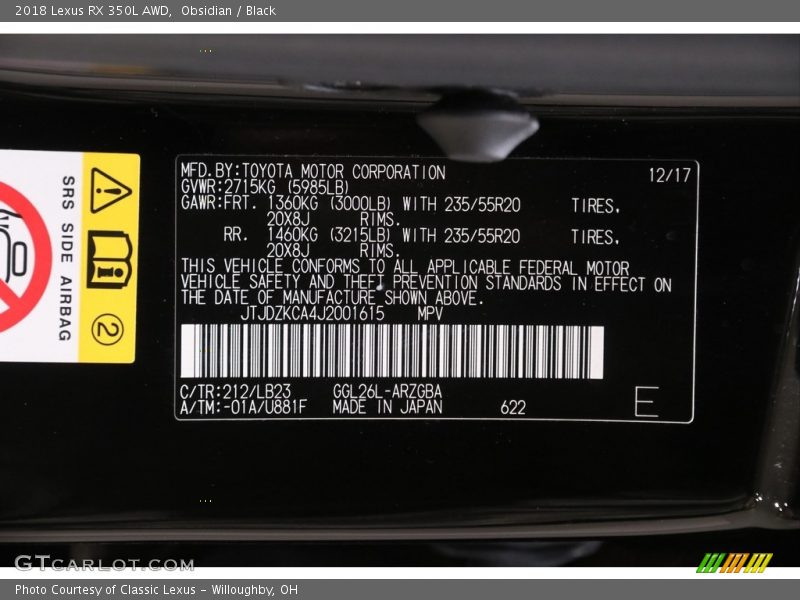 Obsidian / Black 2018 Lexus RX 350L AWD