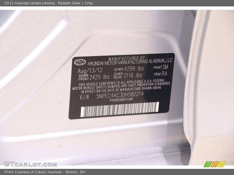 Radiant Silver / Gray 2013 Hyundai Sonata Limited