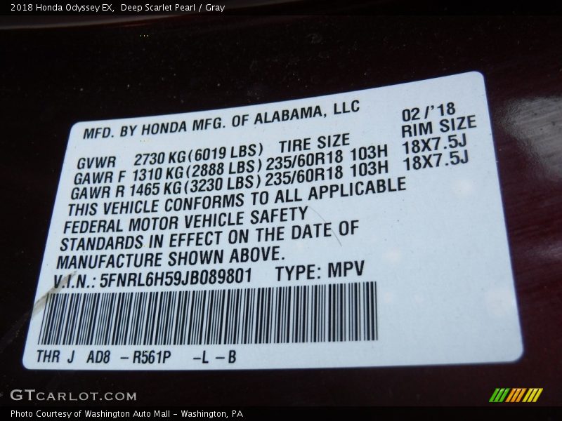 Deep Scarlet Pearl / Gray 2018 Honda Odyssey EX