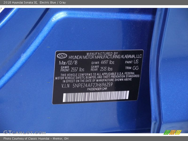 Electric Blue / Gray 2018 Hyundai Sonata SE