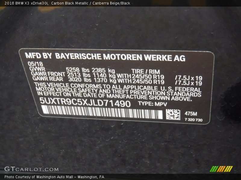 Carbon Black Metallic / Canberra Beige/Black 2018 BMW X3 xDrive30i
