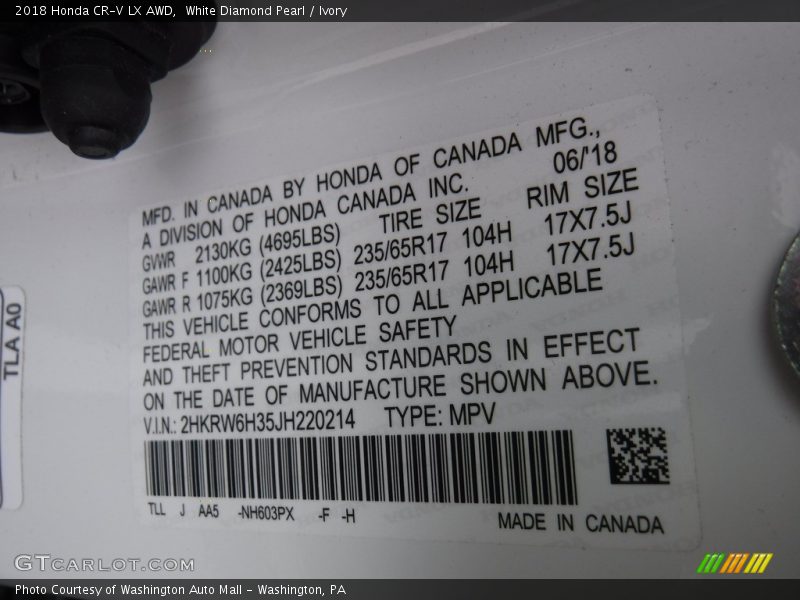 White Diamond Pearl / Ivory 2018 Honda CR-V LX AWD
