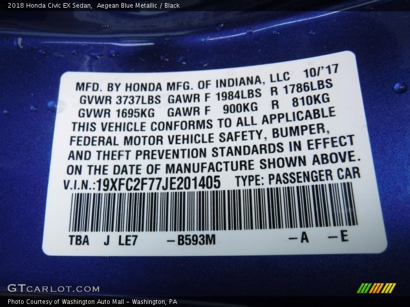 Aegean Blue Metallic / Black 2018 Honda Civic EX Sedan