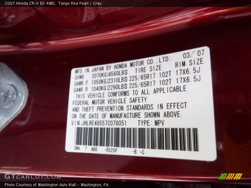 Tango Red Pearl / Gray 2007 Honda CR-V EX 4WD