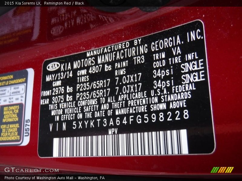 Remington Red / Black 2015 Kia Sorento LX