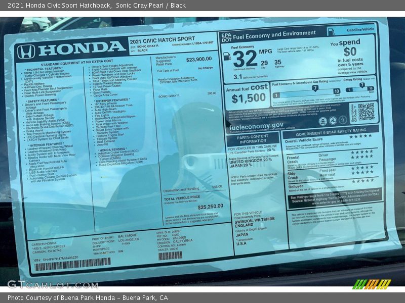  2021 Civic Sport Hatchback Window Sticker