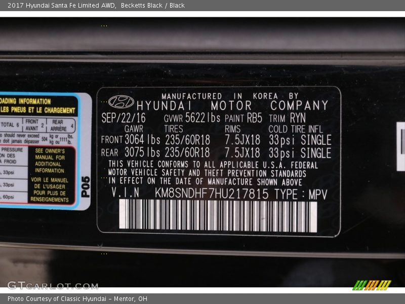 Becketts Black / Black 2017 Hyundai Santa Fe Limited AWD