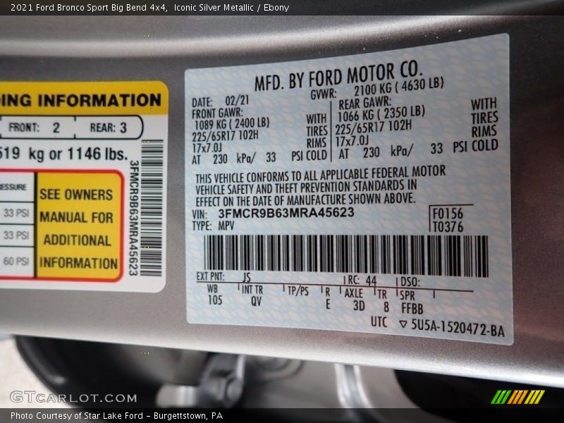 2021 Bronco Sport Big Bend 4x4 Iconic Silver Metallic Color Code JS