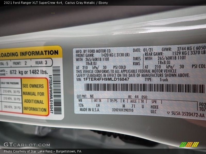 2021 Ranger XLT SuperCrew 4x4 Cactus Gray Metallic Color Code NE