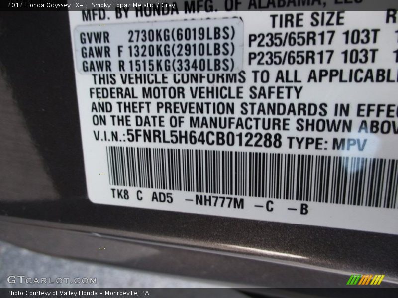 Smoky Topaz Metallic / Gray 2012 Honda Odyssey EX-L