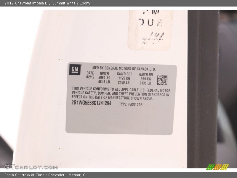 Summit White / Ebony 2012 Chevrolet Impala LT