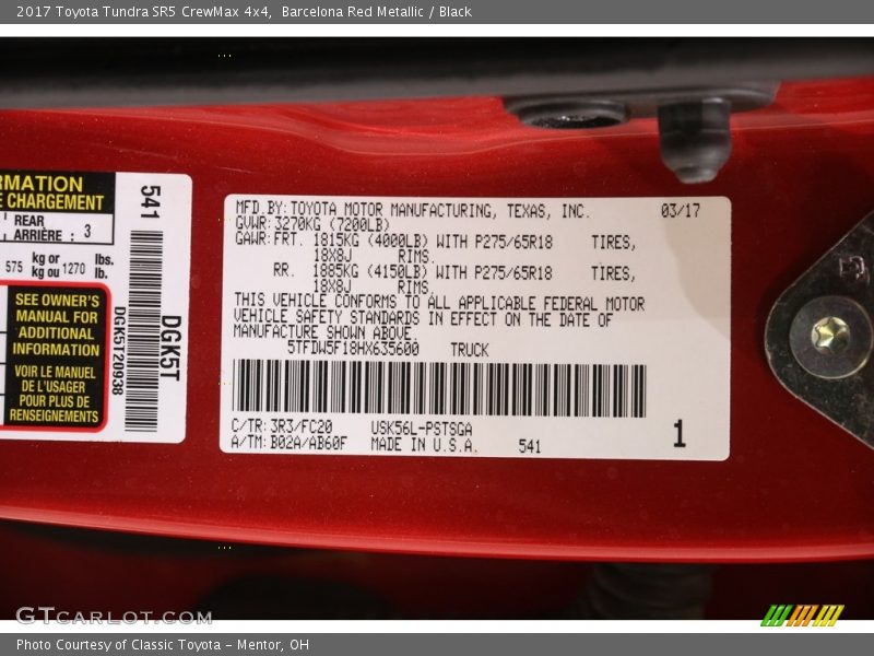 Barcelona Red Metallic / Black 2017 Toyota Tundra SR5 CrewMax 4x4