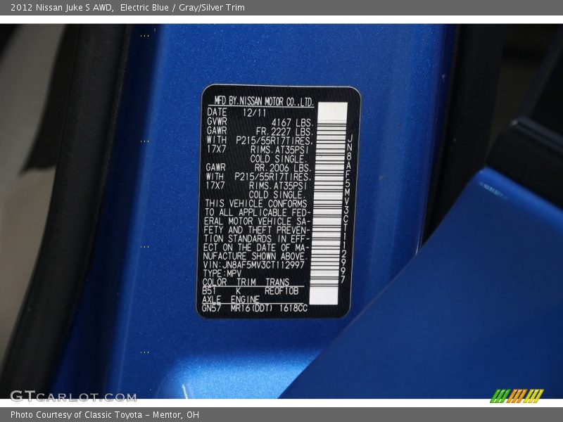 Electric Blue / Gray/Silver Trim 2012 Nissan Juke S AWD