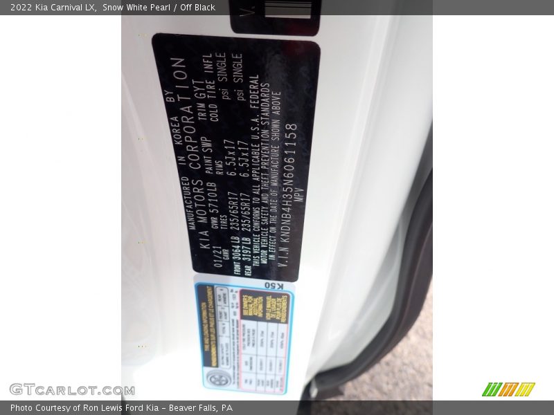 2022 Carnival LX Snow White Pearl Color Code SWP