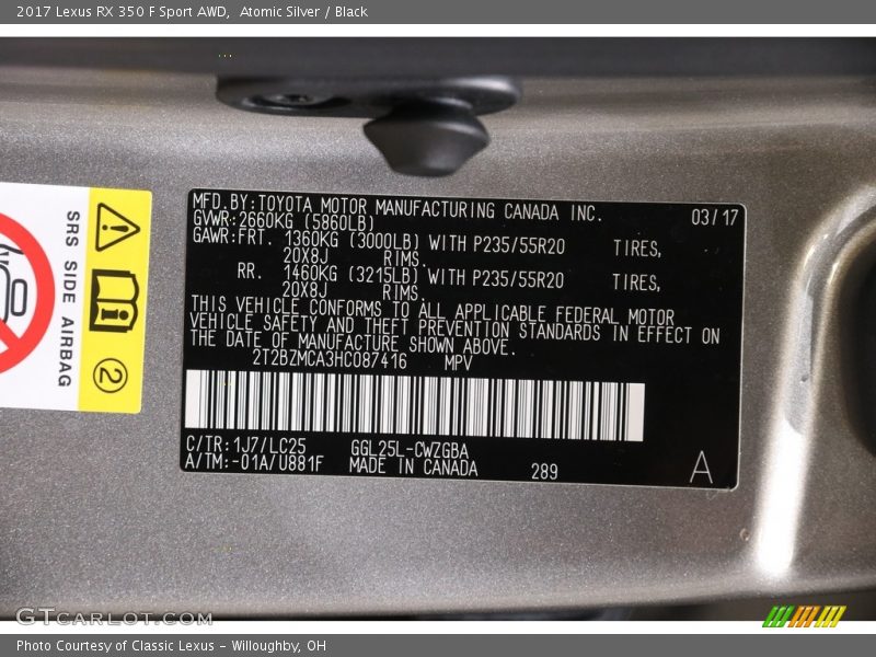 Atomic Silver / Black 2017 Lexus RX 350 F Sport AWD