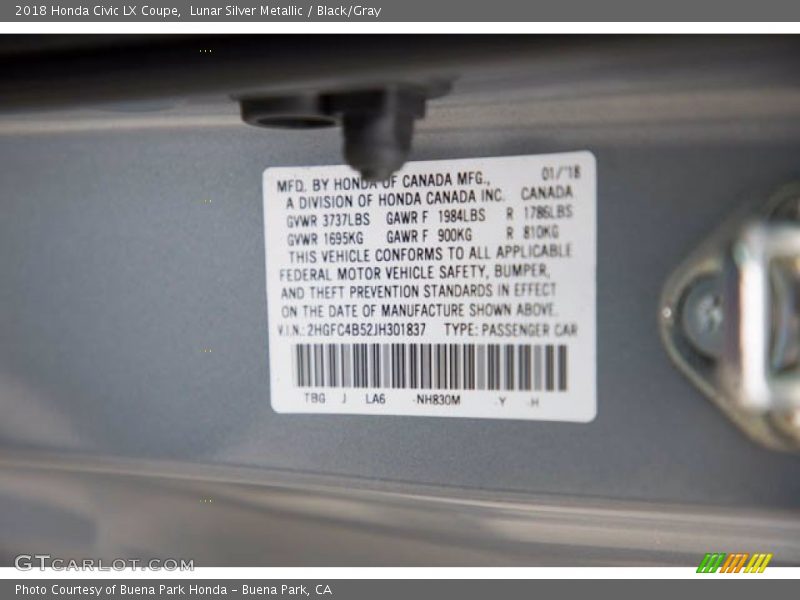 Lunar Silver Metallic / Black/Gray 2018 Honda Civic LX Coupe