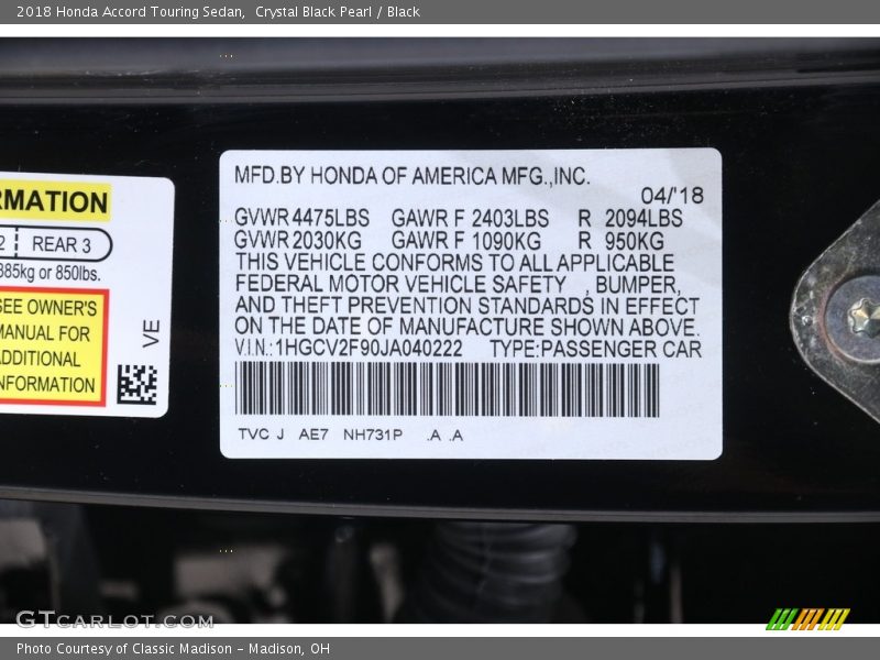 Crystal Black Pearl / Black 2018 Honda Accord Touring Sedan