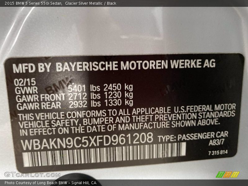 Glacier Silver Metallic / Black 2015 BMW 5 Series 550i Sedan