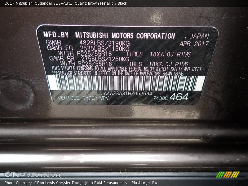 Quartz Brown Metallic / Black 2017 Mitsubishi Outlander SE S-AWC