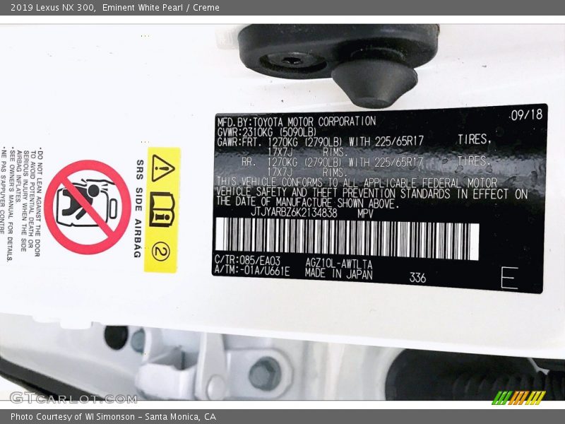 2019 NX 300 Eminent White Pearl Color Code 085