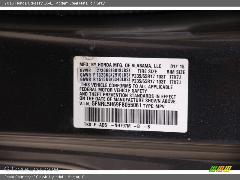 Modern Steel Metallic / Gray 2015 Honda Odyssey EX-L