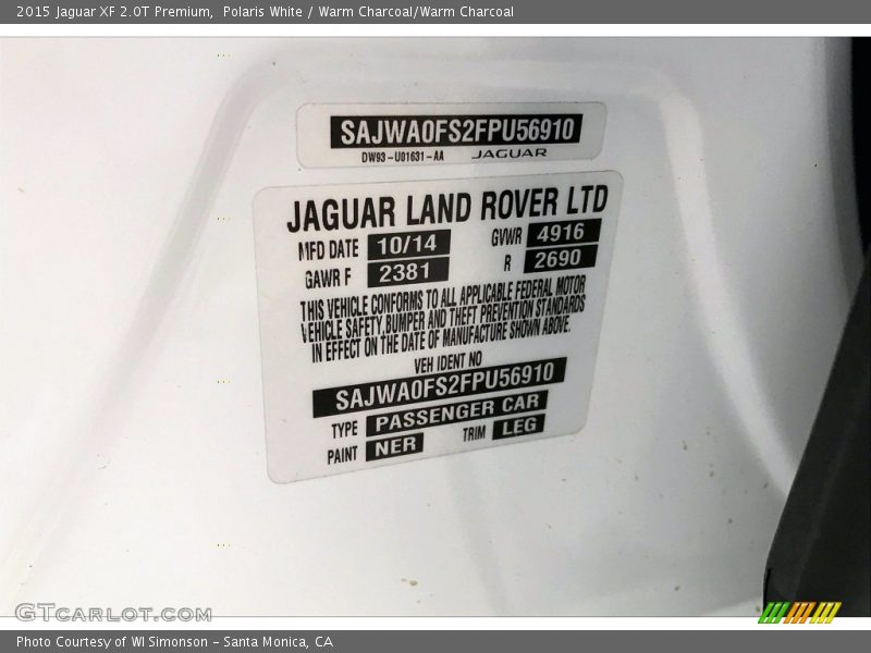 Polaris White / Warm Charcoal/Warm Charcoal 2015 Jaguar XF 2.0T Premium