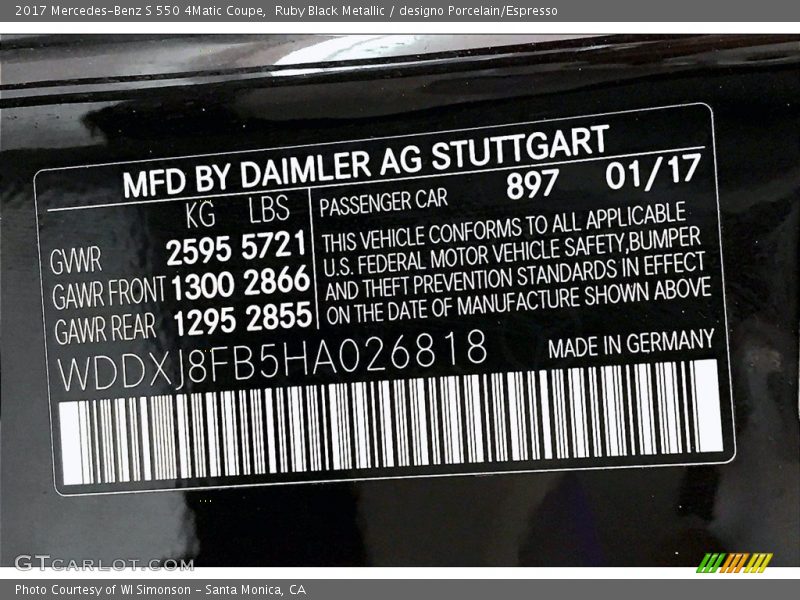 2017 S 550 4Matic Coupe Ruby Black Metallic Color Code 897