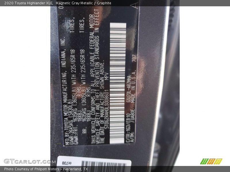 2020 Highlander XLE Magnetic Gray Metallic Color Code 1G3