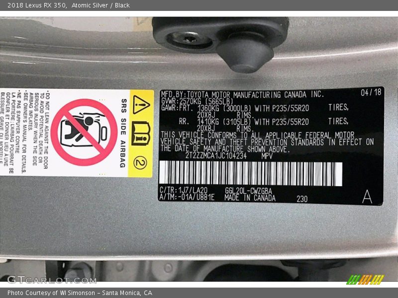2018 RX 350 Atomic Silver Color Code 1J7