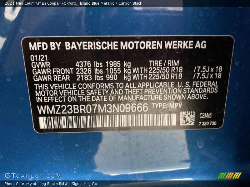 Island Blue Metallic / Carbon Black 2021 Mini Countryman Cooper -Oxford