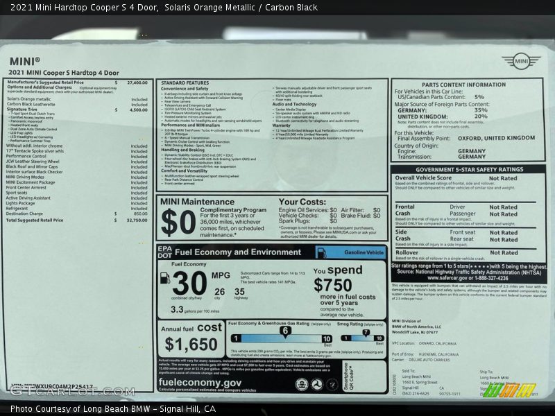  2021 Hardtop Cooper S 4 Door Window Sticker