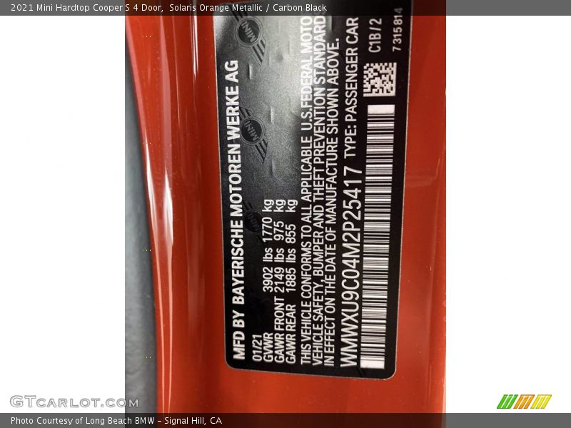 2021 Hardtop Cooper S 4 Door Solaris Orange Metallic Color Code C1B