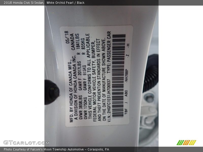 White Orchid Pearl / Black 2018 Honda Civic Si Sedan