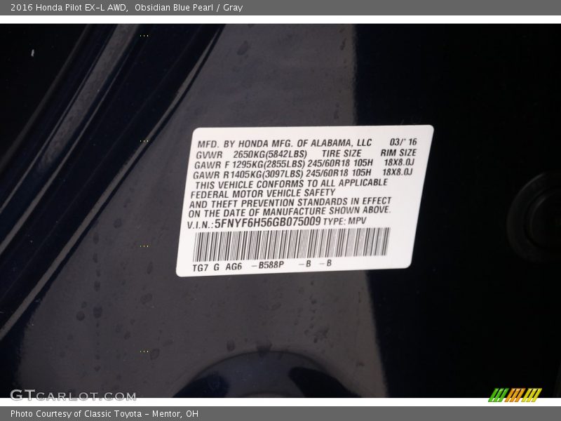 Obsidian Blue Pearl / Gray 2016 Honda Pilot EX-L AWD