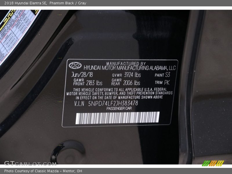 Phantom Black / Gray 2018 Hyundai Elantra SE