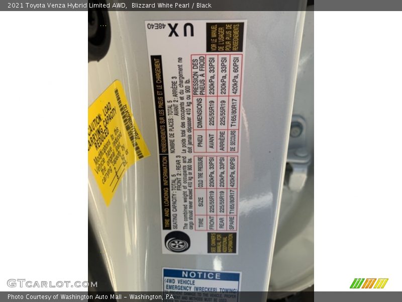 Blizzard White Pearl / Black 2021 Toyota Venza Hybrid Limited AWD
