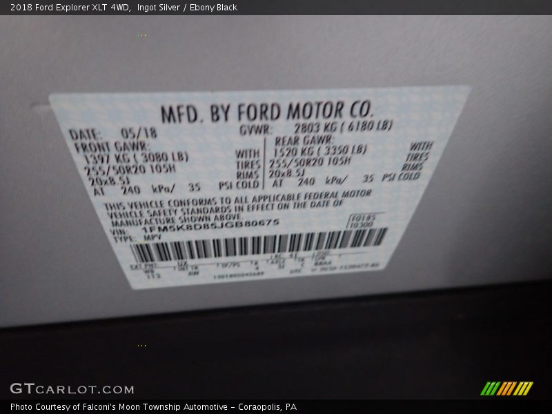 Ingot Silver / Ebony Black 2018 Ford Explorer XLT 4WD
