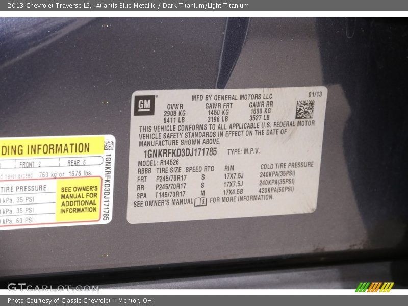Atlantis Blue Metallic / Dark Titanium/Light Titanium 2013 Chevrolet Traverse LS