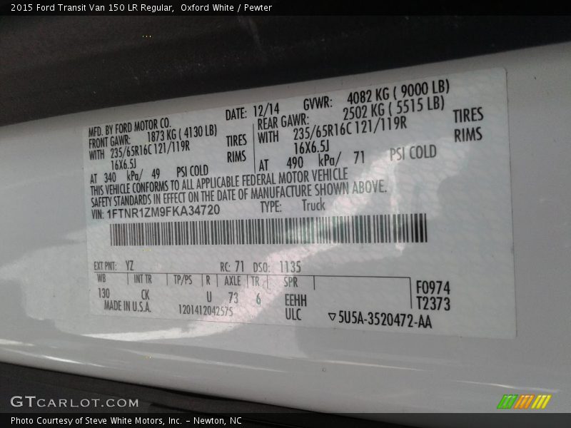 2015 Transit Van 150 LR Regular Oxford White Color Code YZ