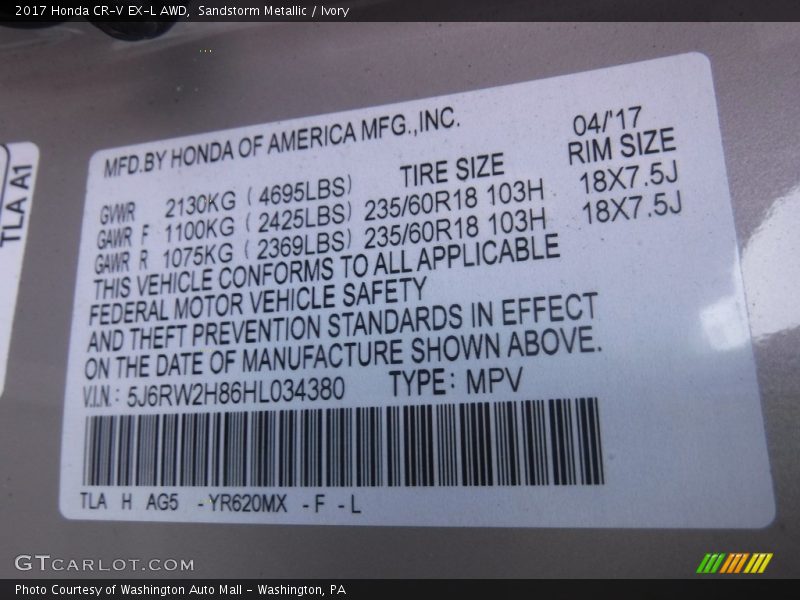 Sandstorm Metallic / Ivory 2017 Honda CR-V EX-L AWD