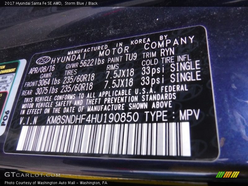 Storm Blue / Black 2017 Hyundai Santa Fe SE AWD