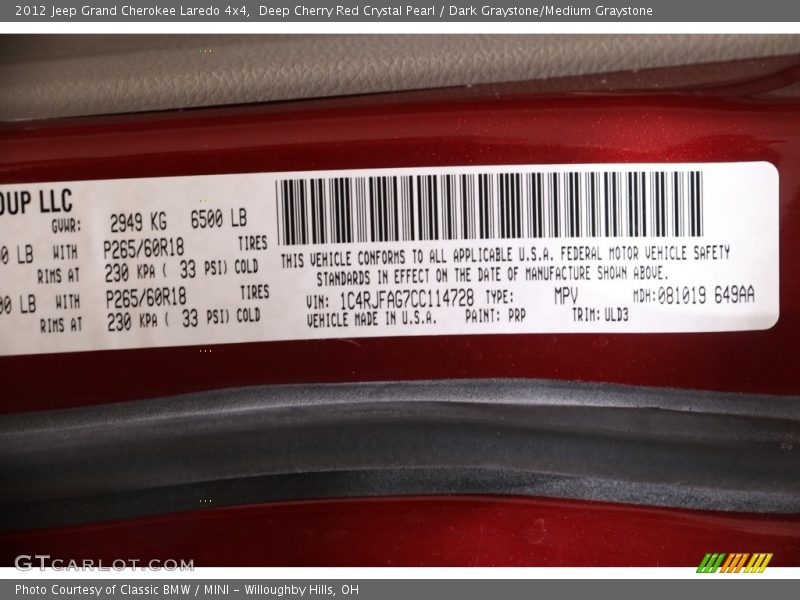 Deep Cherry Red Crystal Pearl / Dark Graystone/Medium Graystone 2012 Jeep Grand Cherokee Laredo 4x4