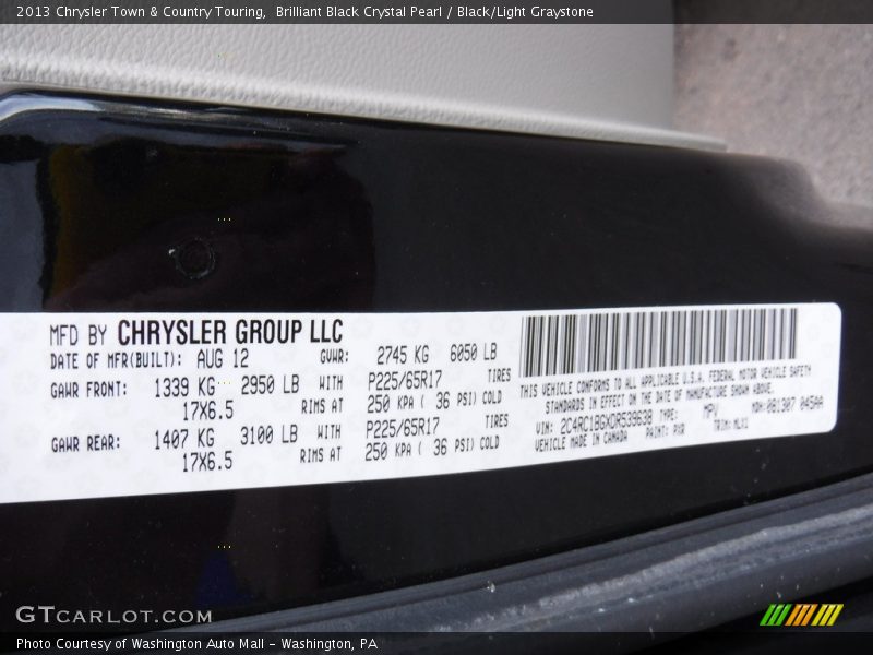 Brilliant Black Crystal Pearl / Black/Light Graystone 2013 Chrysler Town & Country Touring