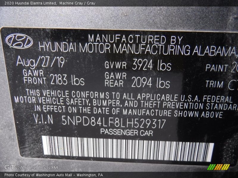 Machine Gray / Gray 2020 Hyundai Elantra Limited