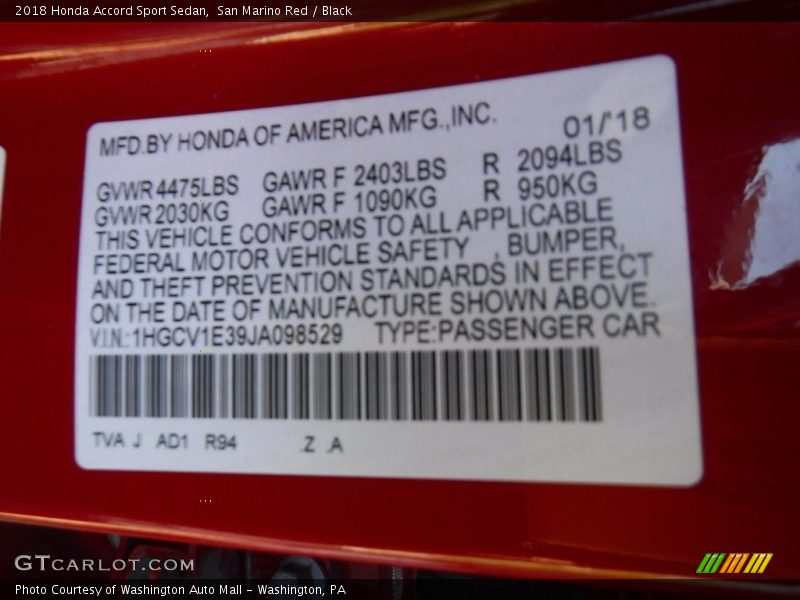 San Marino Red / Black 2018 Honda Accord Sport Sedan